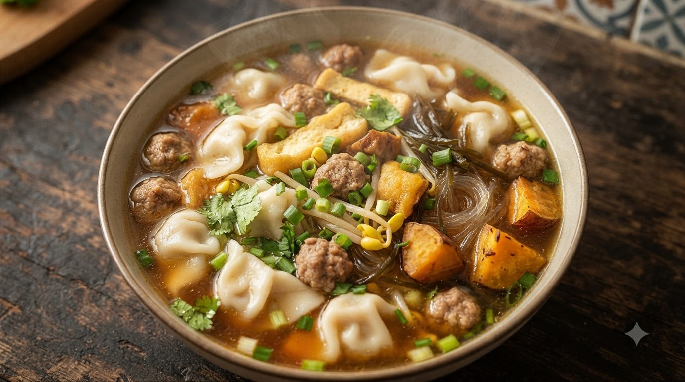 Pożywna chińska zupa z pierożkami, klopsikami i tofu