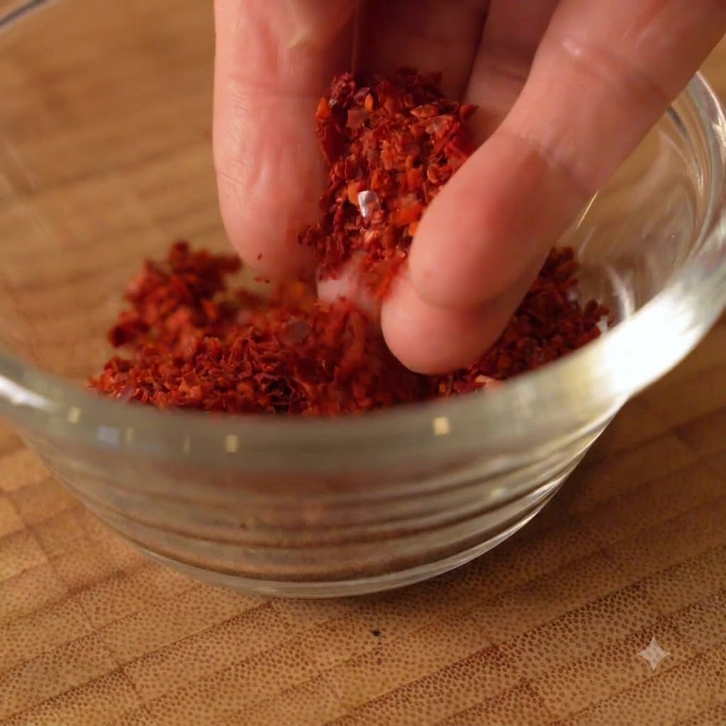 ręka trzymająca szczyptę czerwonych płatków chili nad małą szklaną miseczką