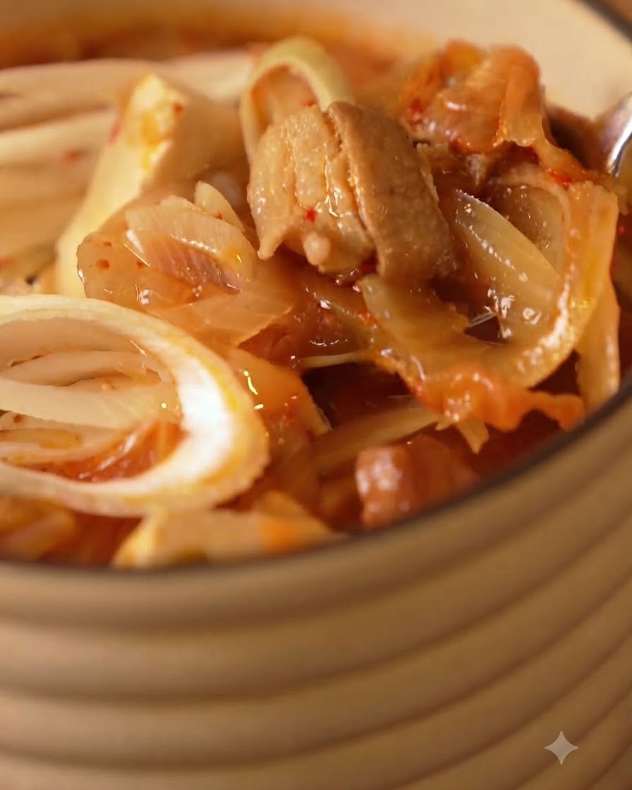 zbliżenie na gorącą zupę kimchi z cebulą, tofu i wieprzowiną w misce do serwowania