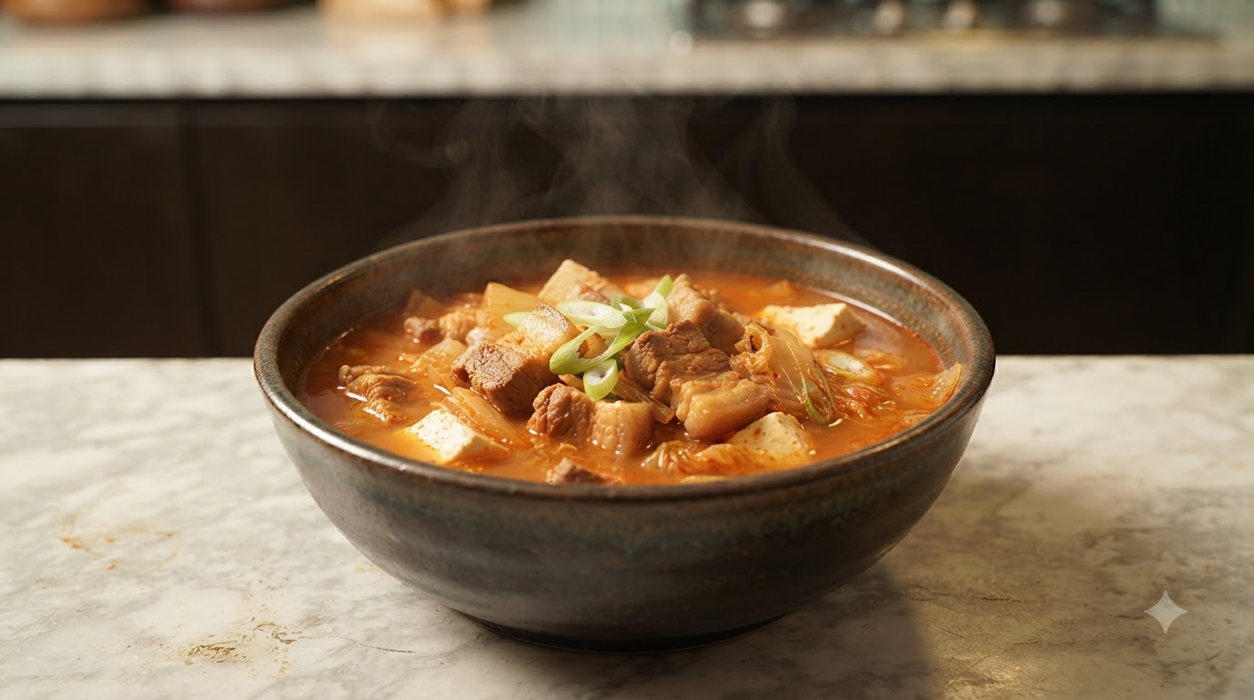 Ostra zupa kimchi z boczkiem, boczkiem wieprzowym i tofu