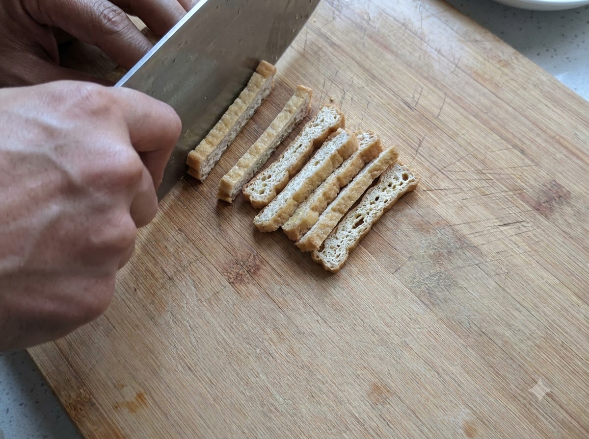 Para dłoni krojąca smażone tofu na cienkie paski za pomocą noża na drewnianej desce.