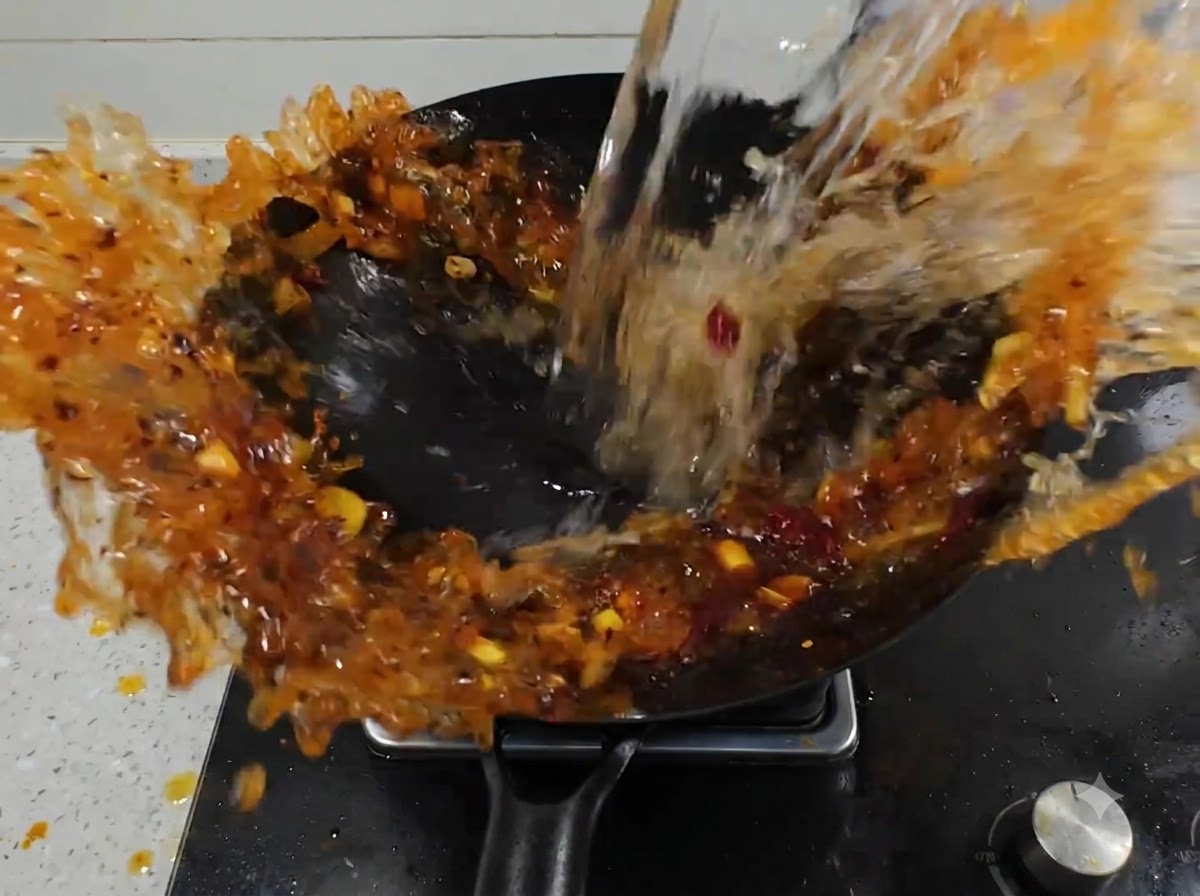 Woda wlewana z dzbanka do woka wypełnionego skwierczącą pastą z pikantnego chili i aromatami.