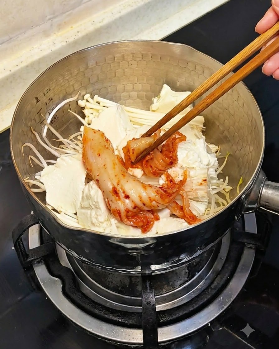 Pałeczki układające kawałki czerwonego, fermentowanego kimchi w garnku na tofu i grzybach.