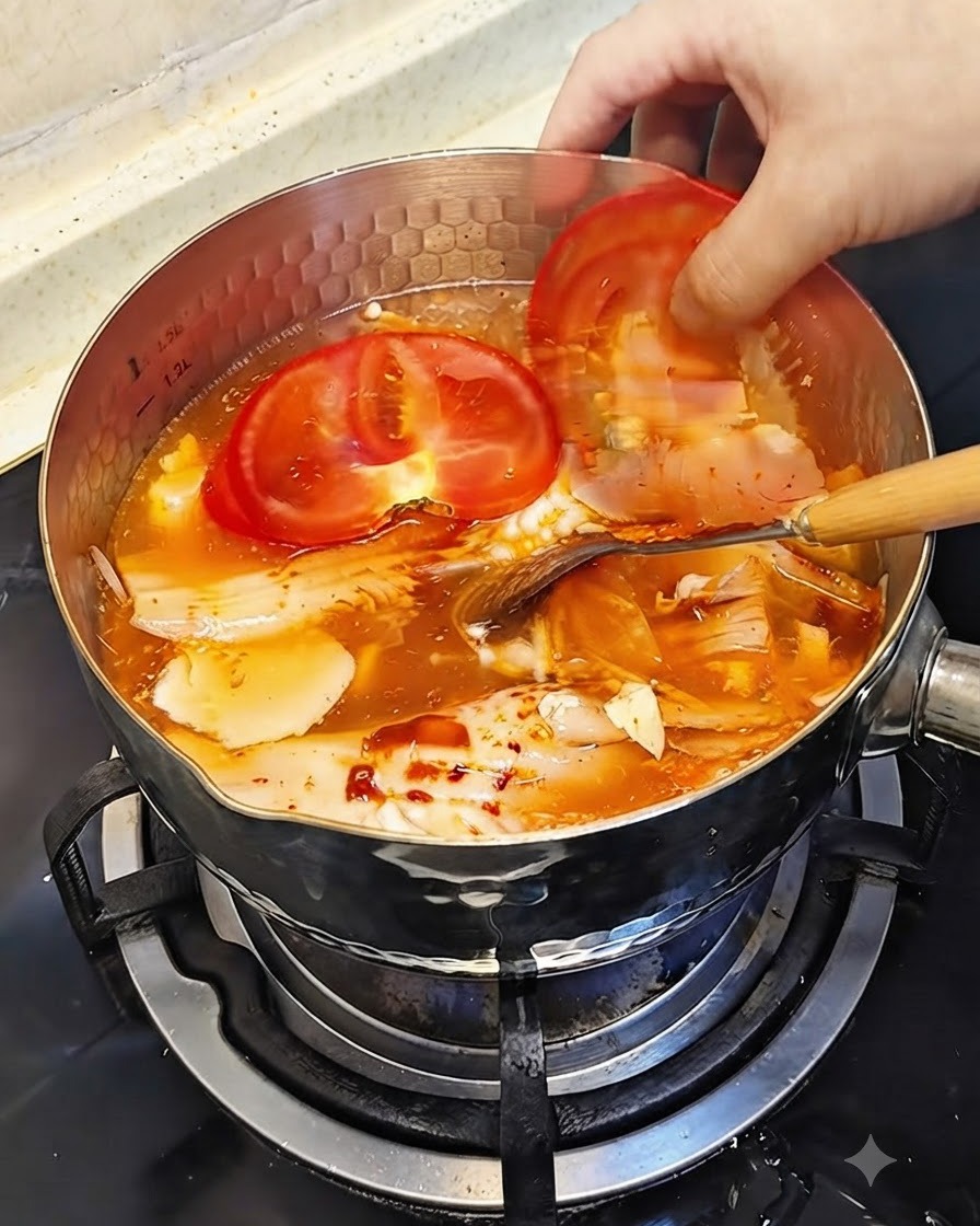 Dwa grube plastry świeżego czerwonego pomidora wkładane do gotującego się, czerwonego bulionu hot pota.
