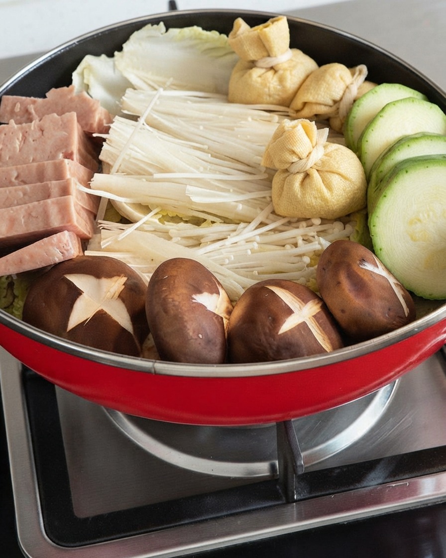 Pokrojona cukinia, mięso z puszki, grzyby enoki, grzyby shiitake i węzełki ze skórki tofu pięknie ułożone w garnku.