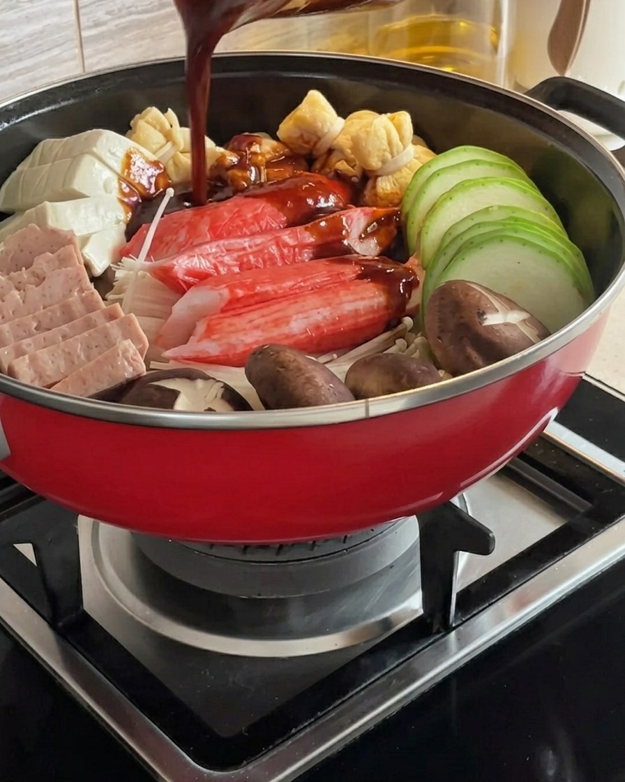 Bogaty, pikantny czerwony sos wlewany na ułożone składniki w garnku do gulaszu.