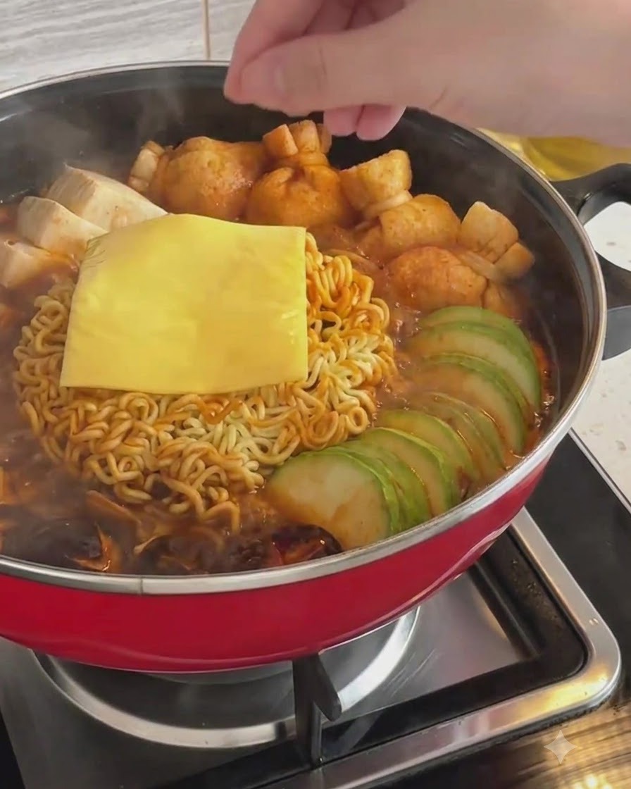 Kwadratowy plaster żółtego sera leżący na wierzchu makaronu ramen i składników w garnku.