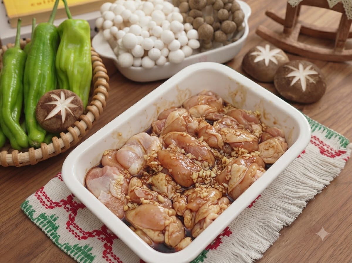 Surowe kawałki kurczaka wymieszane z posiekanym czosnkiem i sosami w białym ceramicznym naczyniu.