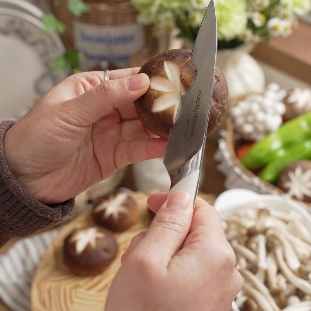 Ręka trzymająca grzyb shiitake podczas nacinania ozdobnego wzoru gwiazdy na jego kapeluszu za pomocą małego noża.