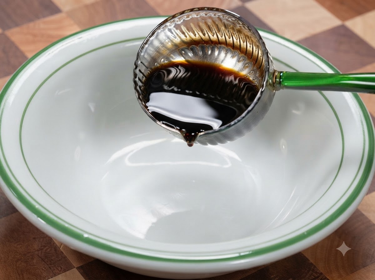 Ciemny sos sojowy nalewany chochelką do miski do mieszania.