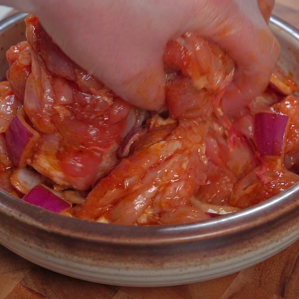 Dłoń dokładnie mieszająca surowe kawałki kurczaka z marynatą teriyaki w misce.