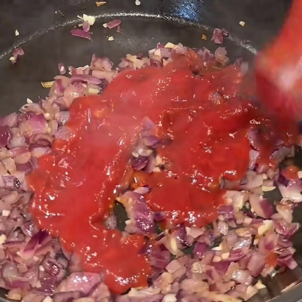 Czerwone purée pomidorowe wlewane bezpośrednio na patelnię z ugotowaną cebulą i czosnkiem.