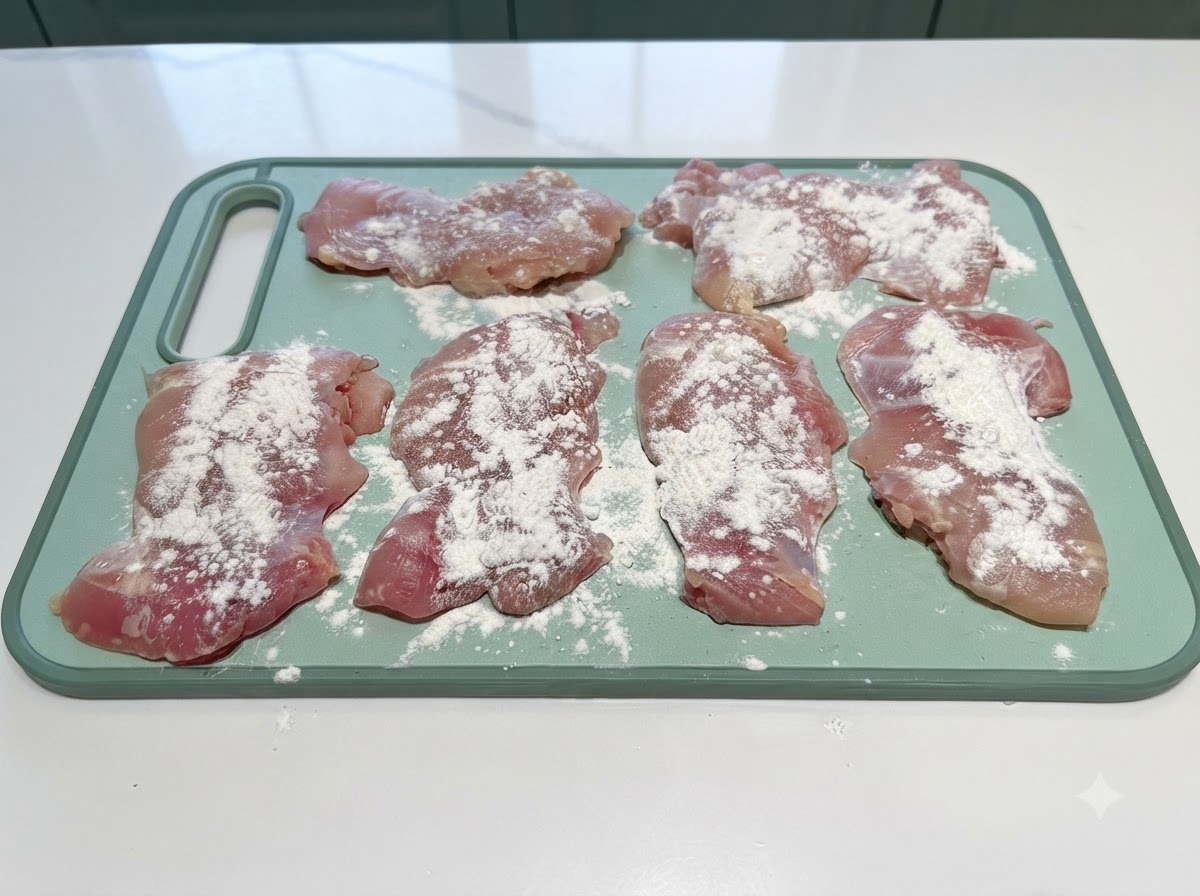 Surowe udka z kurczaka ułożone na zielonej desce do krojenia oprószone warstwą mąki.