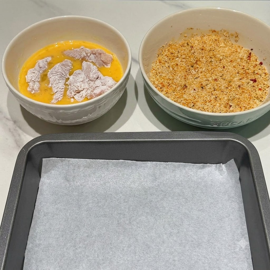 Miska z roztrzepanymi jajkami i kawałkami kurczaka w środku, obok miski z doprawioną bułką tartą i pustą wyłożoną blachą do pieczenia.