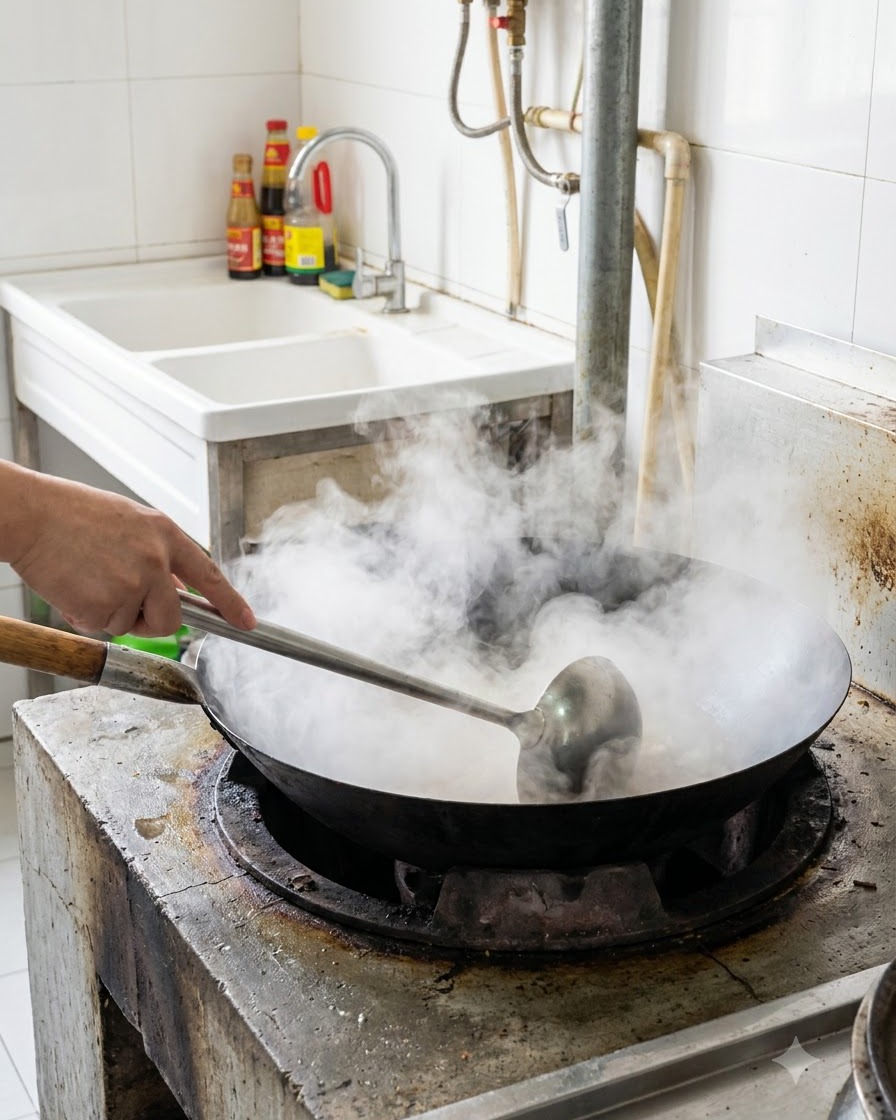 Wok wypełniony gotującą się wodą i gęstą parą, z umieszczoną w środku łyżką kuchenną.