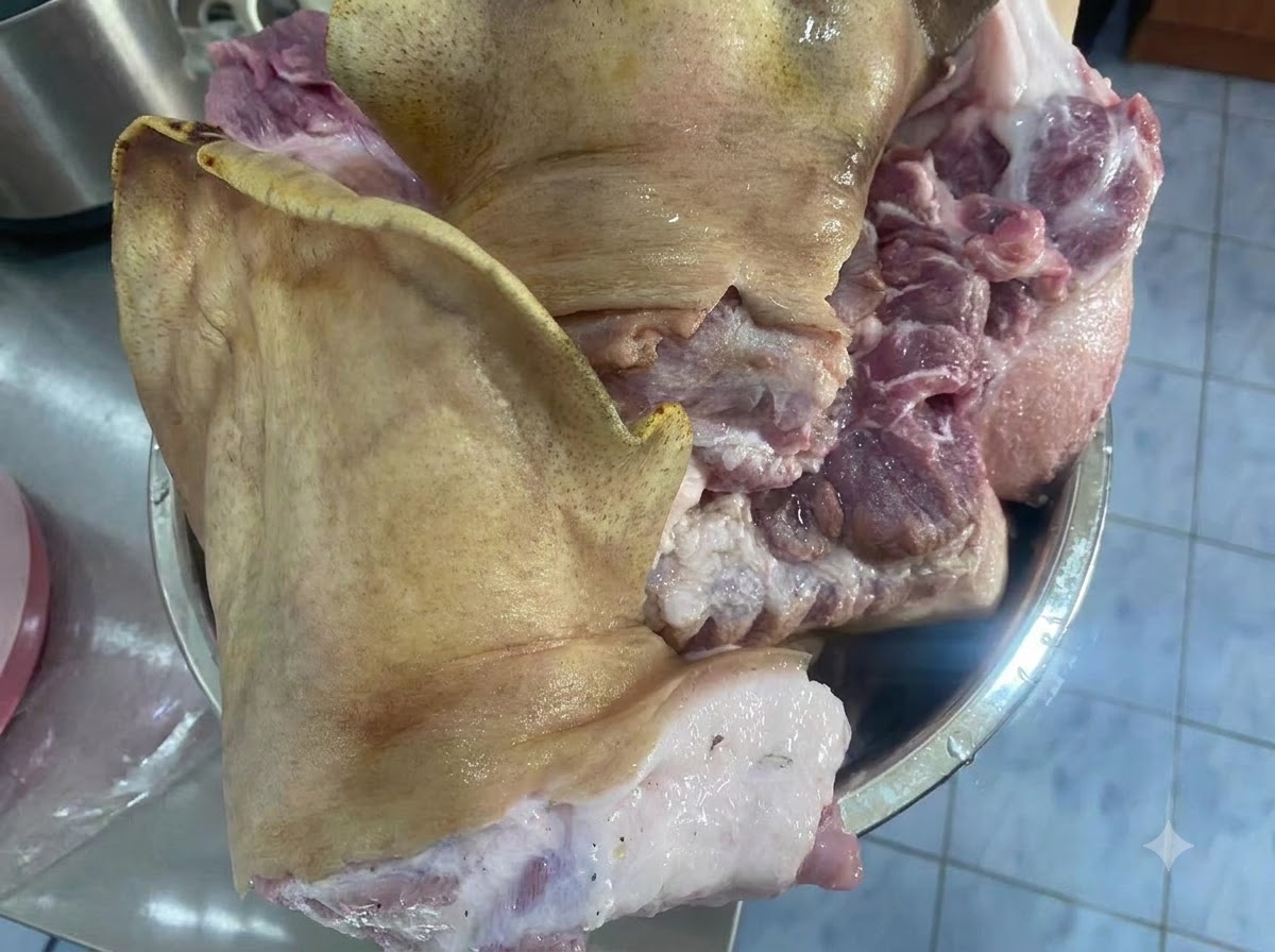 Duże surowe kawałki głowy wieprzowej spoczywające w metalowej misce na blacie.