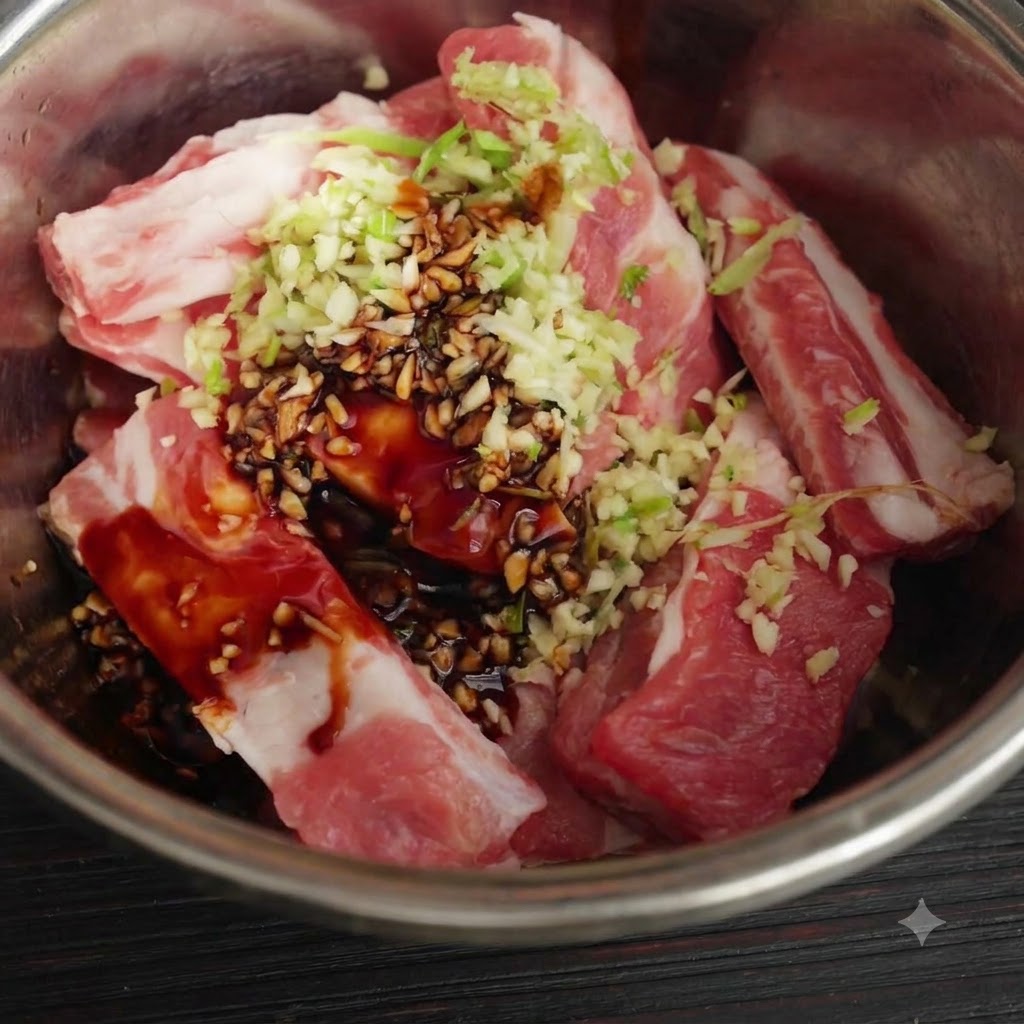 Surowe żeberka wieprzowe w metalowej misce polane posiekanym czosnkiem, korzeniami kolendry i ciemnym sosem sojowym.
