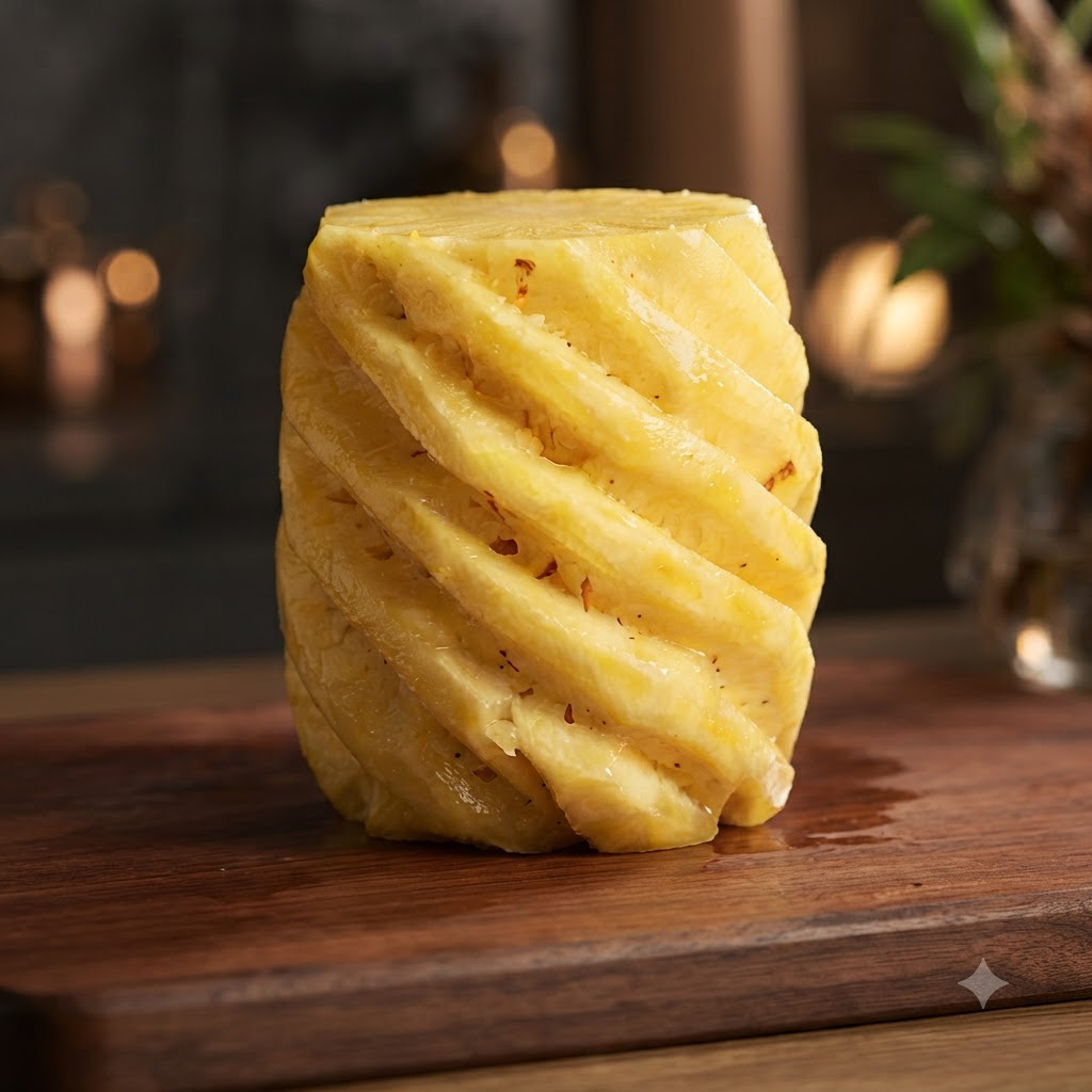 Obrany ananas stojący pionowo na drewnianej desce do krojenia, przygotowany do pokrojenia.