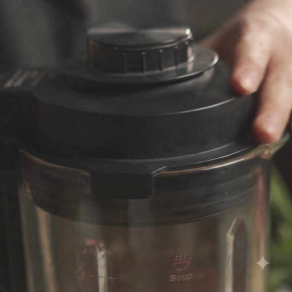 Działający blender mieszający składniki na gładki czerwony sos.