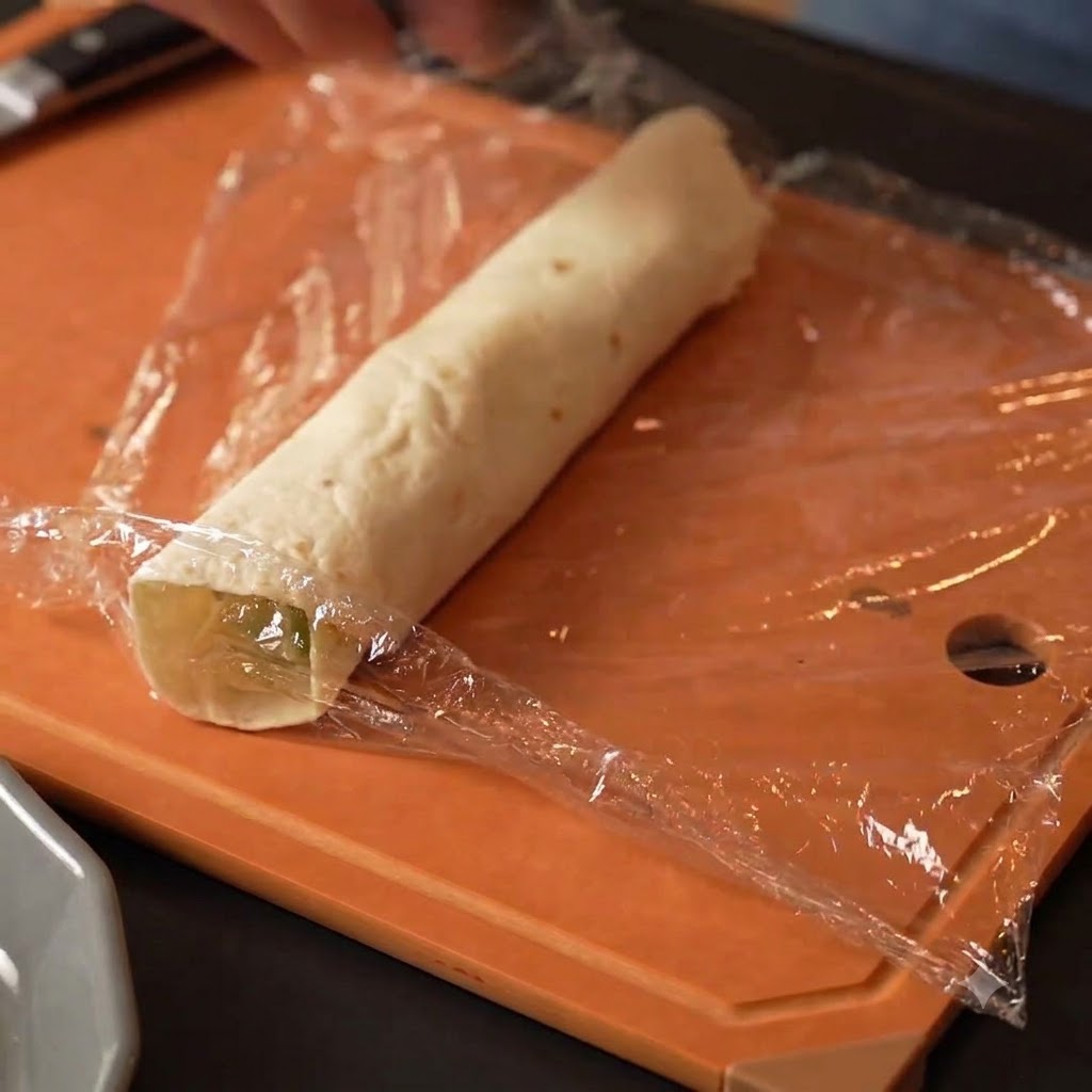 Zawinięty pszenny wrap owinięty bezpiecznie w folię spożywczą na pomarańczowej desce do krojenia.