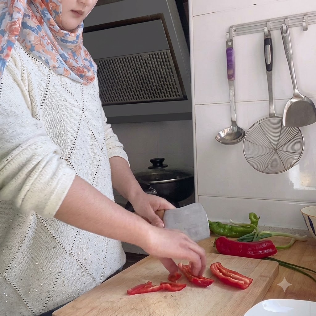 Czerwona i zielona papryka chili krojona na małe kawałki na drewnianej desce do krojenia.