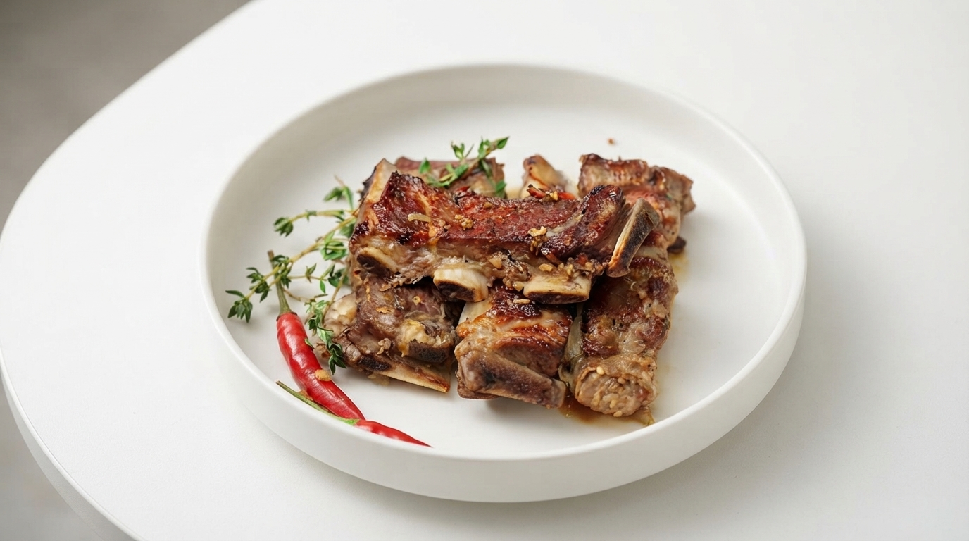 Pieczone europejskie żeberczka wieprzowe z błyszczącą glazurą, przyozdobione świeżym tymiankiem i czerwoną papryką chili