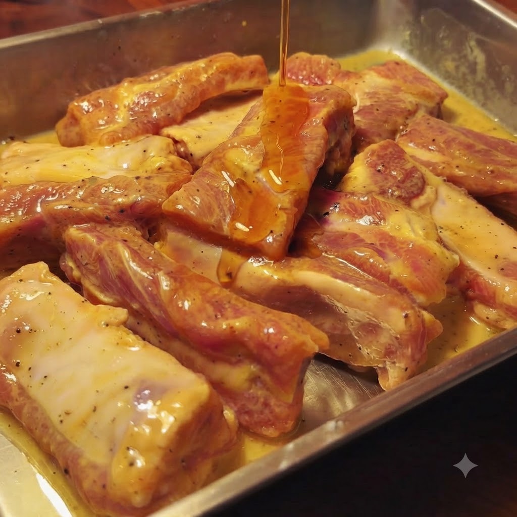 Polewanie zamarynowanych żeberek wieprzowych olejem sezamowym.