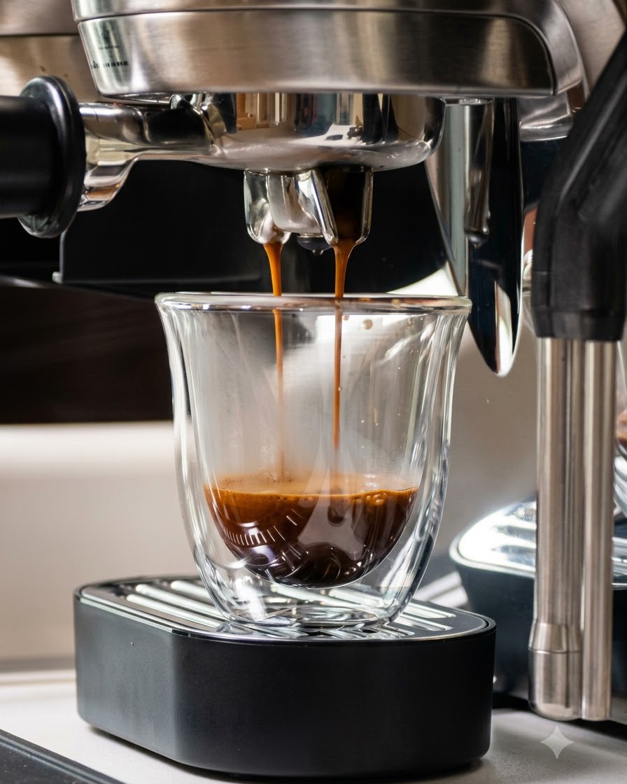Strumienie bogatego espresso wypływające z kolby ekspresu do kawy do dwuściennej szklanej filiżanki.