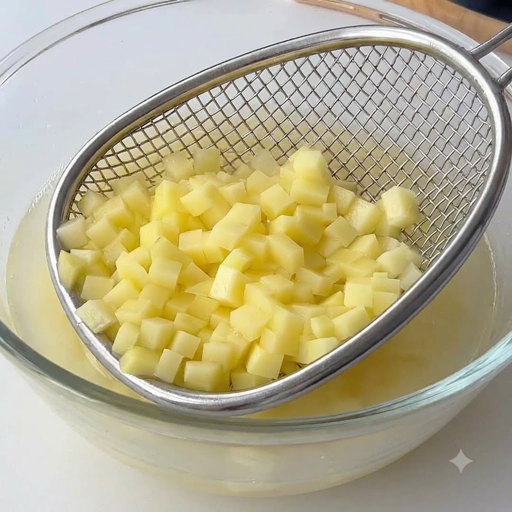 Pokrojone ziemniaki wsypywane do białej patelni, na której topi się masło.
