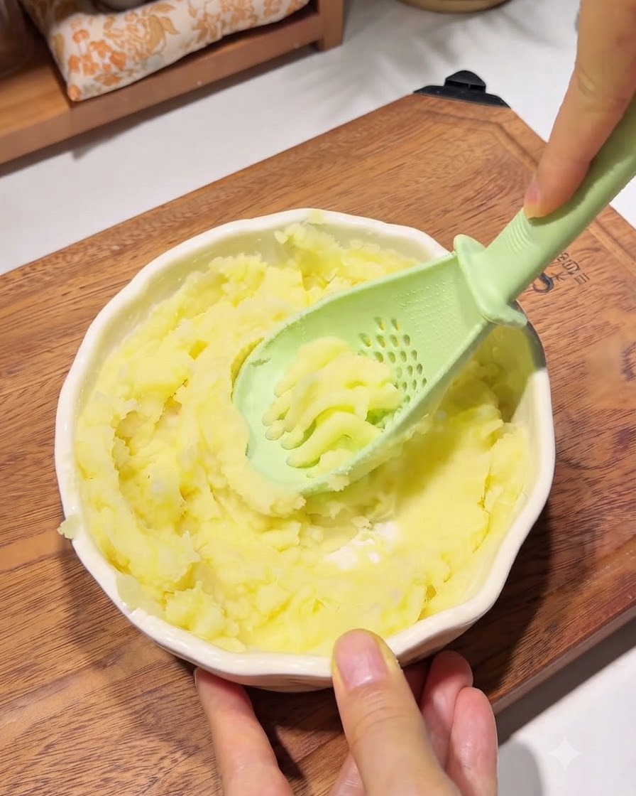 Proszek skrobiowy mieszany z purée ziemniaczanym w misce za pomocą przyborów kuchennych.