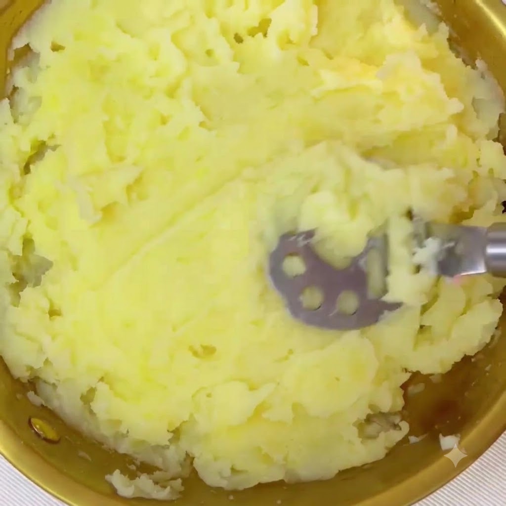 Ziemniaki puree wyrabiane na gładką masę w złotej misce za pomocą praski do ziemniaków.
