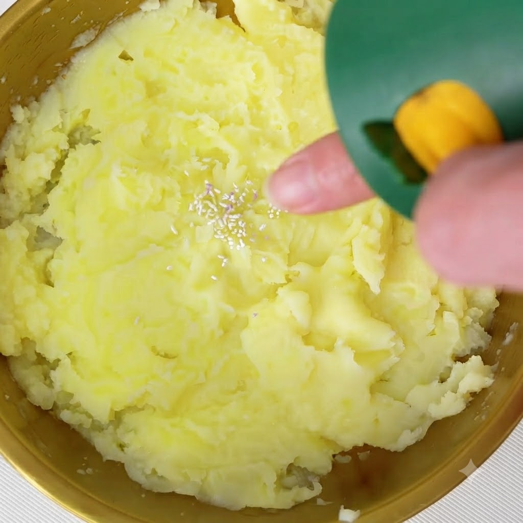 Sól owocowo-warzywna dozowana z zielonego pojemnika na powierzchnię puree ziemniaczanego.