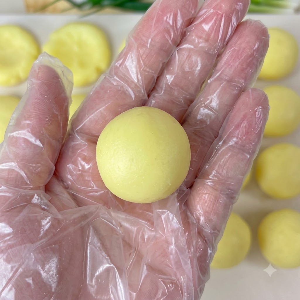 Dłoń w plastikowej rękawiczce trzymająca okrągłą kulkę puree ziemniaczanego.