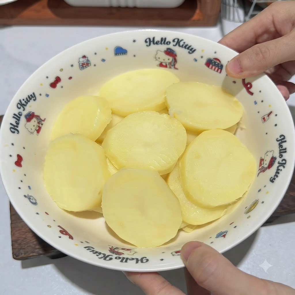 Ugotowane i obrane ziemniaki w białej misce w ozdobny wzór, zgniatane na gładkie puree za pomocą metalowego tłuczka do ziemniaków.
