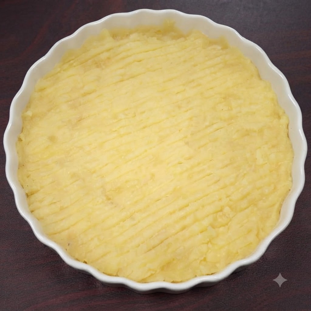 Puree ziemniaczane w białym naczyniu doprawiane i mieszane za pomocą widelca.