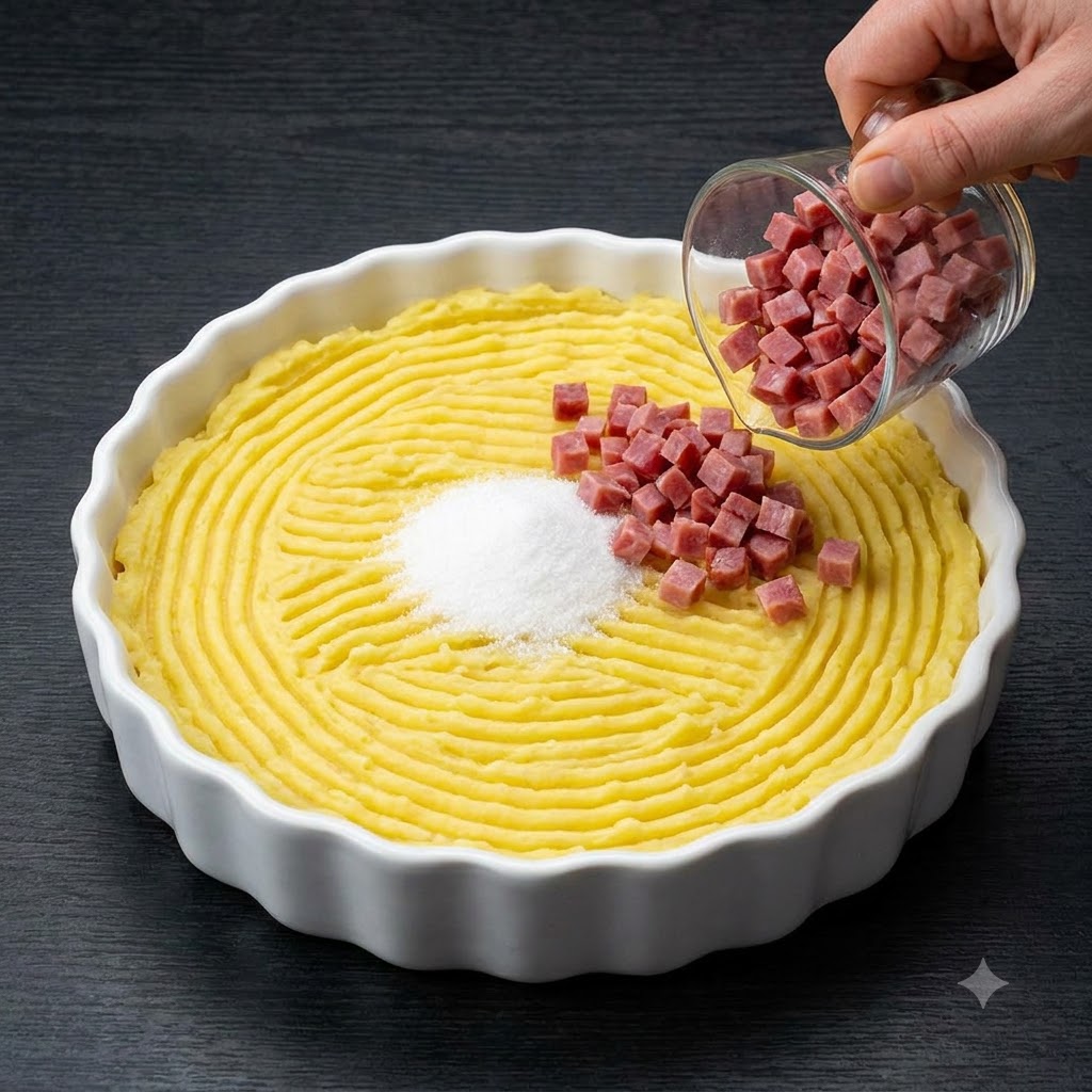 Szynka w kostce wsypywana z małego szklanego naczynia na doprawione puree ziemniaczane.