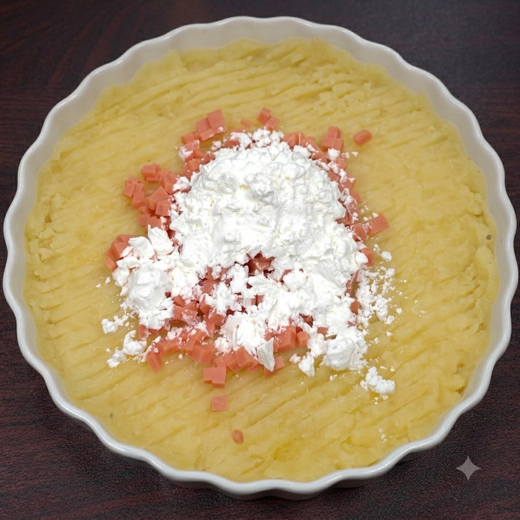 Biała skrobia ułożona na wierzchu puree ziemniaczanego i szynki w białym naczyniu.