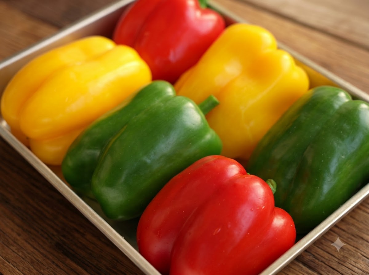 Metalowa taca z kolorowymi paprykami posmarowanymi oliwą z oliwek.
