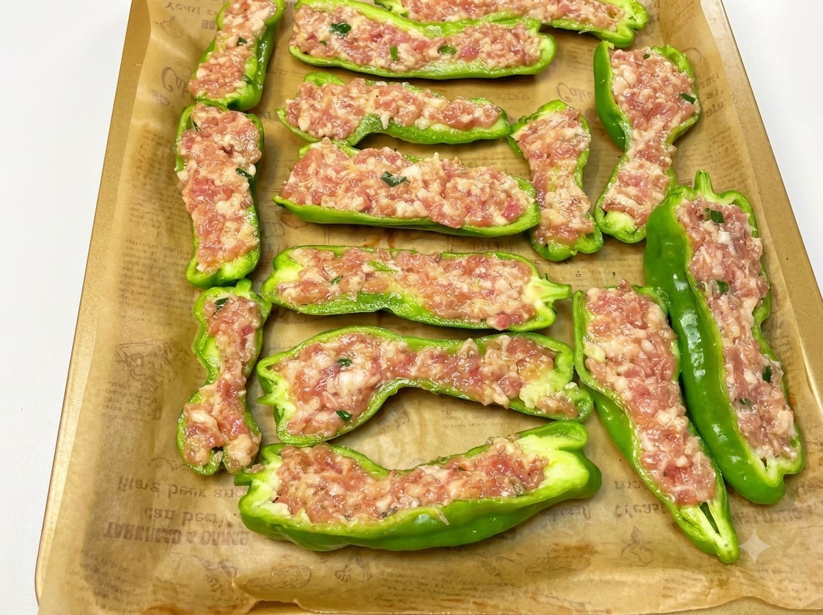 Nadziewane zielone papryki ułożone na blasze wyłożonej papierem do pieczenia.