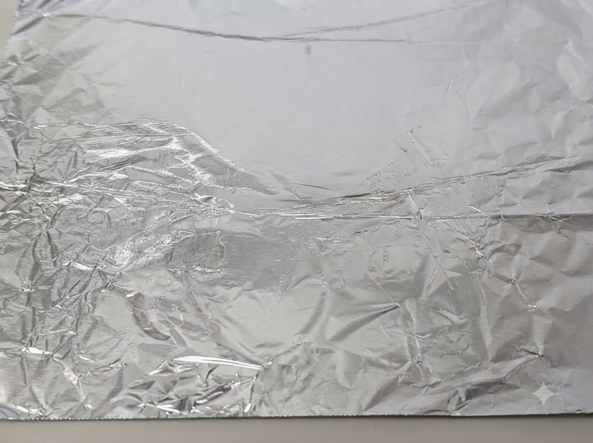 Arkusz zgniecionej folii aluminiowej na blaszce do pieczenia posmarowanej olejem jadalnym.