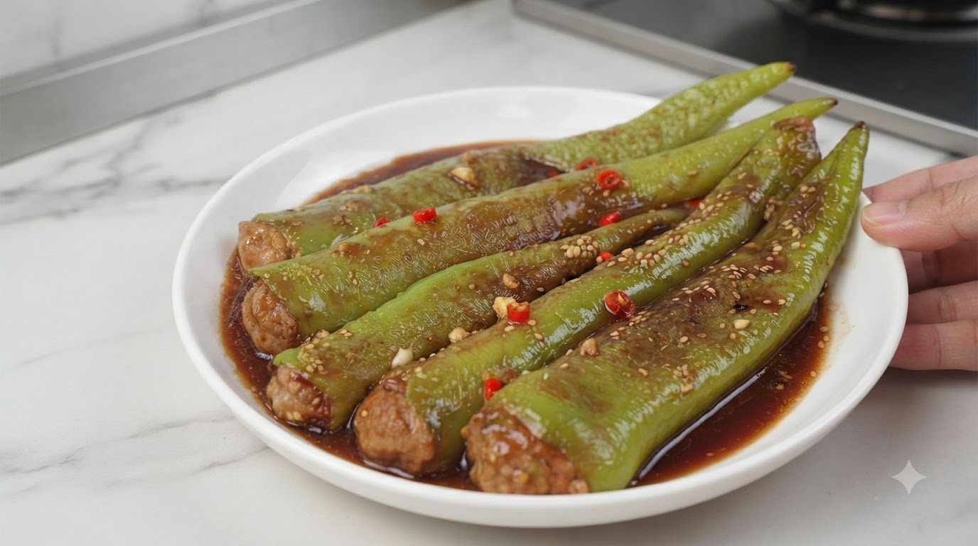 Smażone nadziewane zielone papryki na białym talerzu, polane błyszczącym sosem i posypane czosnkiem, papryczkami chili oraz sezamem.