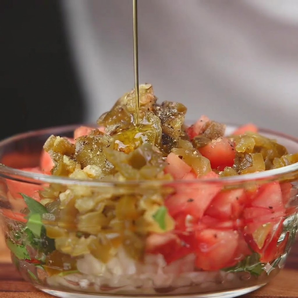 Oliwa z oliwek polewana na świeżo wymieszaną miskę pokrojonych pomidorów, cebuli i papryczek chili.