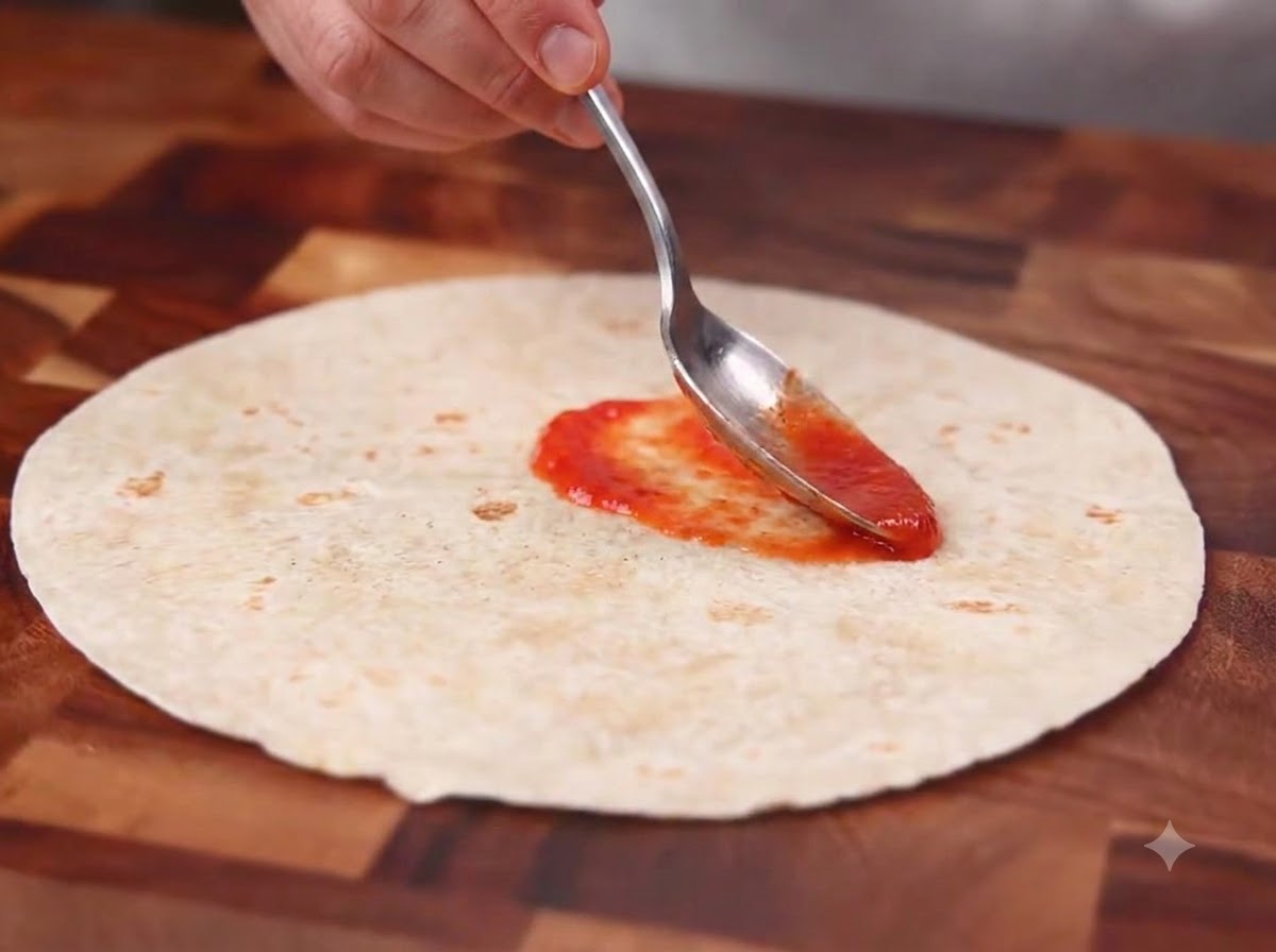 Łyżka meksykańskiego sosu chili równomiernie rozprowadzana na płaskiej pełnoziarnistej tortilli na drewnianej desce do krojenia.
