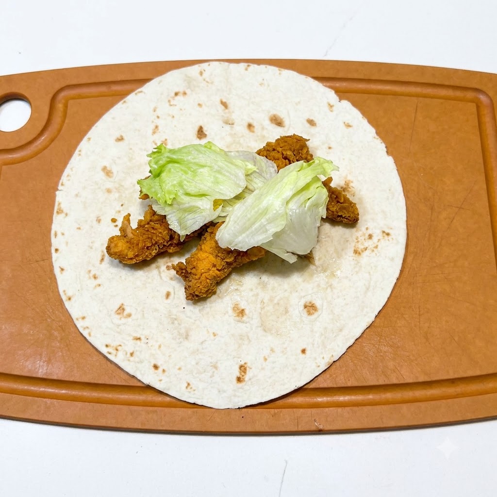 Tortilla na desce do krojenia wypełniona kawałkami kurczaka i świeżo posiekaną zieloną sałatą.