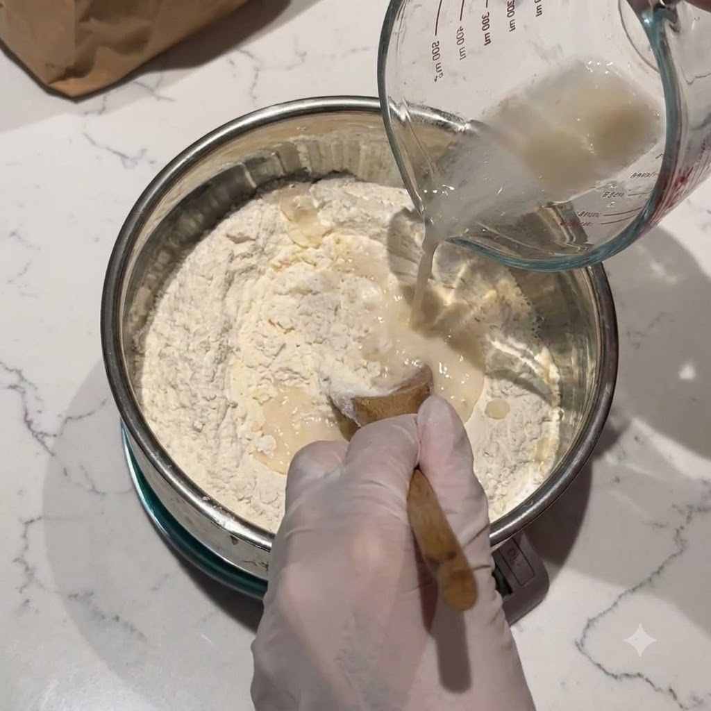 Woda i olej wlewane do metalowej miski z mąką i innymi sypkimi składnikami na wadze kuchennej.