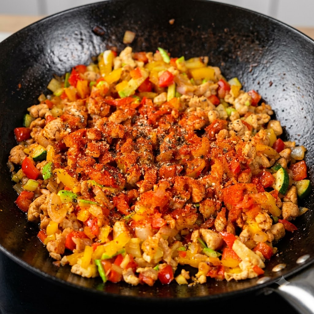 Sól morska i czarny pieprz posypane na doprawioną mieszankę stir-fry z kurczaka i warzyw.