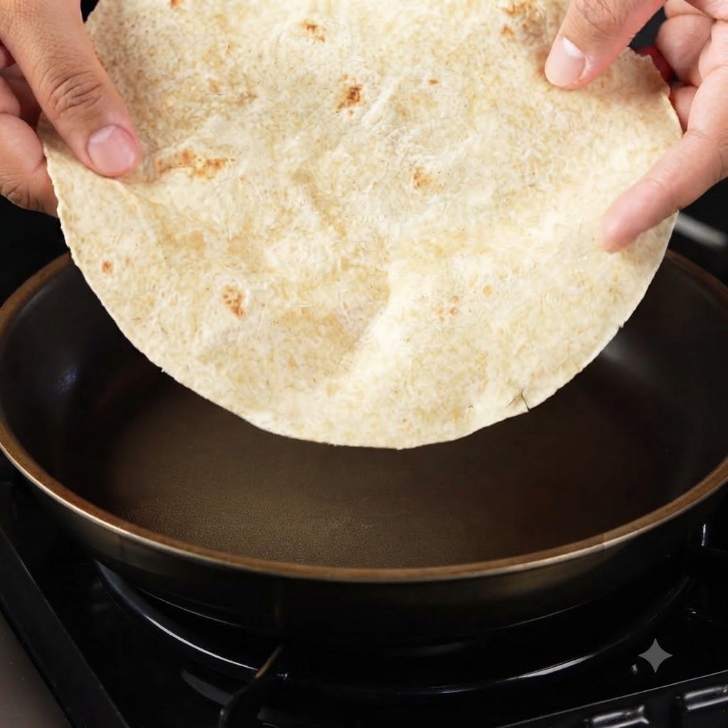 Pełnoziarnista tortilla trzymana nad suchą patelnią nieprzywierającą i umieszczana w niej.