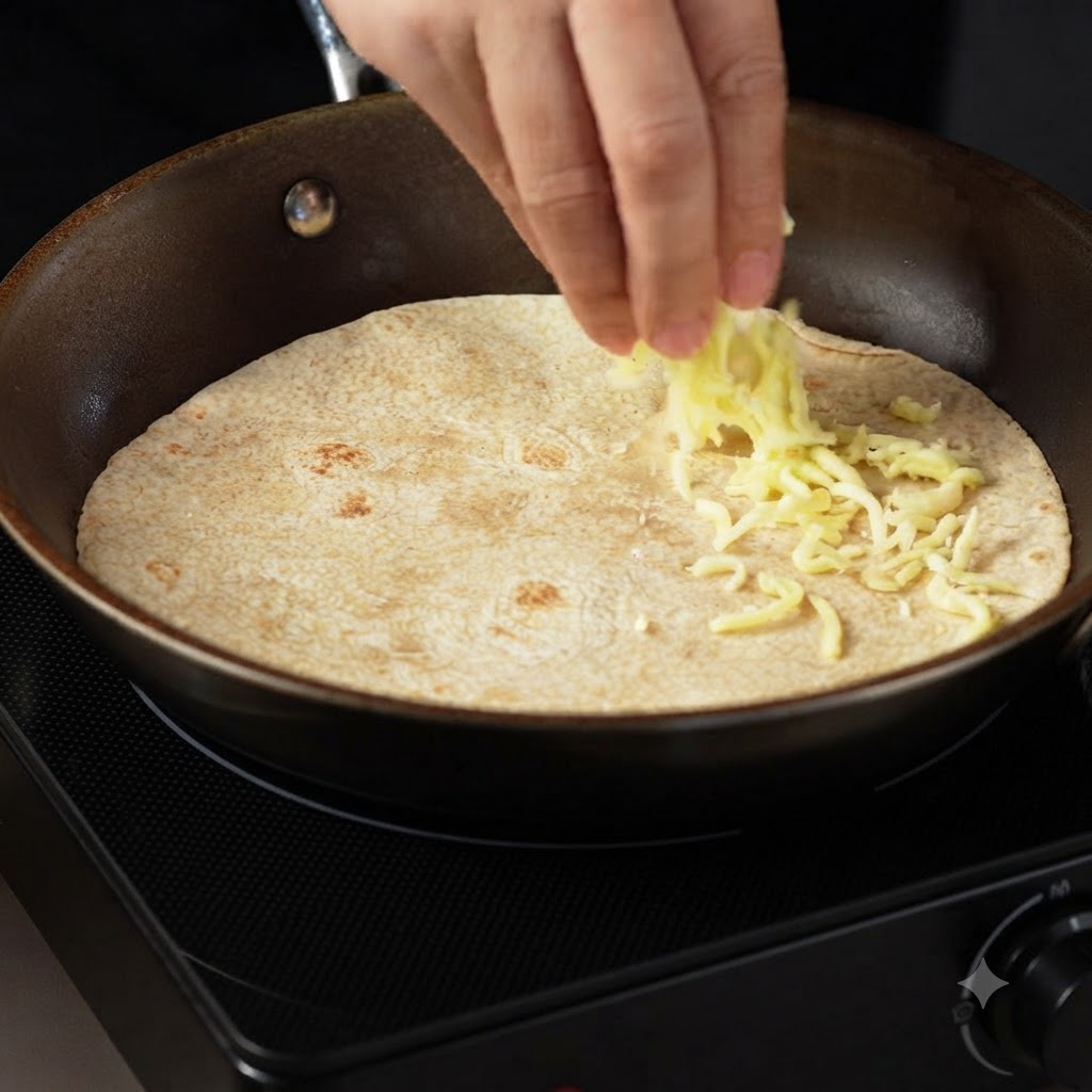 Starty ser mozzarella rozsypywany na jednej połowie tortilli na patelni.