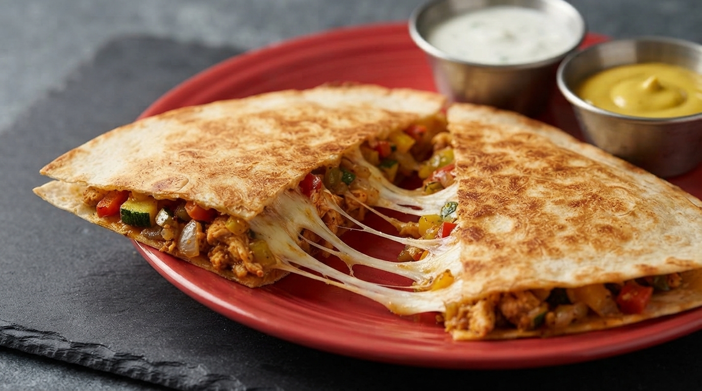 Pokrojona meksykańska quesadilla z widocznym ciągnącym się serem mozzarella, podana na czerwonym talerzu w towarzystwie sosów.