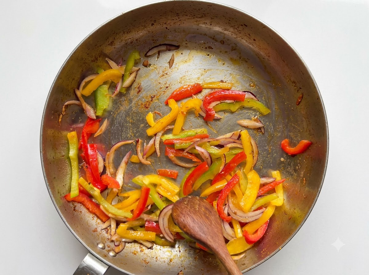 Kawałki masła topiące się na patelni zawierającej resztki stir-fried warzyw i przyprawionych soków z patelni.